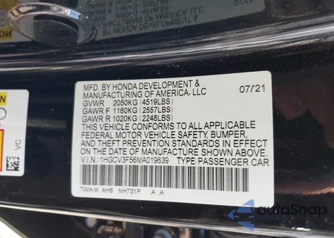 2021 Honda Accord Hybrid Ex-L z USA, uszkodzony, nr VIN 1HGCV3F56MA019639